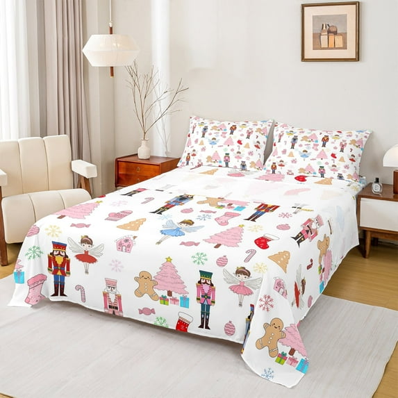 Manfei Winter Xmas Tree Full Size Sheets for Teen, Christmas Nutcracker Guard Bed Sheets, Cartoon Pink Xmas Tree Sheet Sets, Luxury Bedroom Decor, 4-Piece