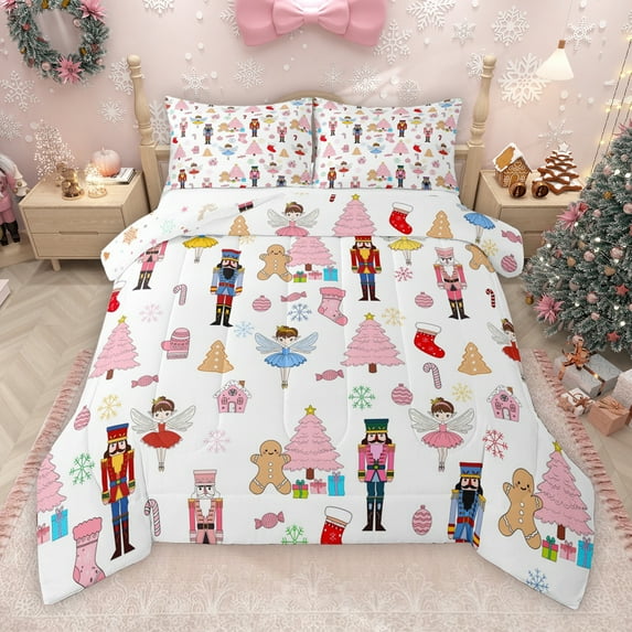 Manfei Winter Xmas Tree Queen Comforter Set for Teen, Christmas Nutcracker Guard Bedding Sets, Cartoon Pink Xmas Tree Reversible Bedding Comforter Set, Luxury Bedroom Decor, 3-Piece