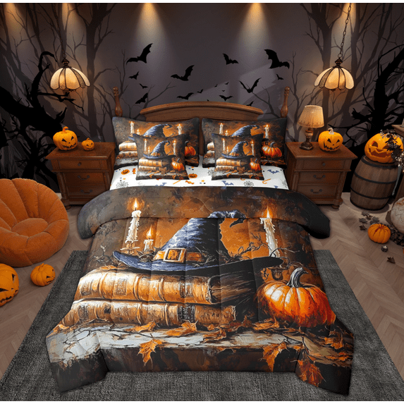 Manfei Witch Hat Child Bedding Comforter Set 7pcs, Happy Halloween King Bedding Sets, Vintage Western Festival Reversible Bed Sheets, Ultra Soft Home Decor