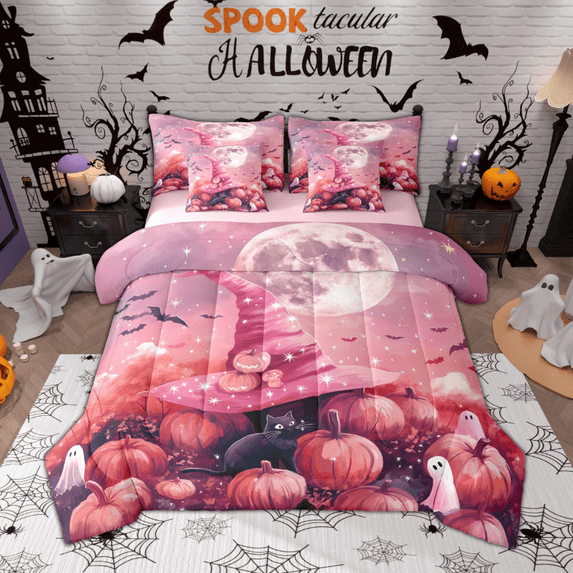 Manfei Witch Hat Print Bedding Comforter Set 7 Pieces for Girls, Pink Halloween Queen Bedding Sets, Pumpkin Bat Ghost Queen Sheet Sets, Lightweight Room Decor