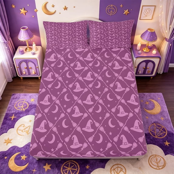 Manfei Witch Silhouette Print Fitted Sheet Full,Cartoon Halloween Bed Set,3pcs,1 Fitted Sheet and 2 Pillowcases