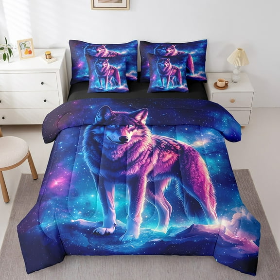 Manfei Wolf Bedding Comforter Set 7 Pieces,Woodland Animal Queen Bedding Sets,Galaxy Starry Sky Queen Sheet Sets For Boys Kids,Ultra Soft Room Decor Reversible