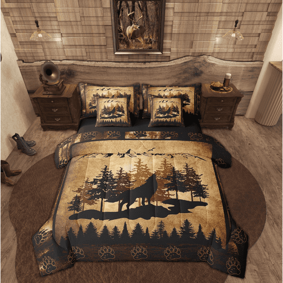 Manfei Wolf Print Bedding Sets Twin Size, Jungle Wildlife Bed in a Bag Twin size, Farmhouse Theme Reversible Comforter Sets with Sheets, Lightweight Room Decorative, 7 Pieces