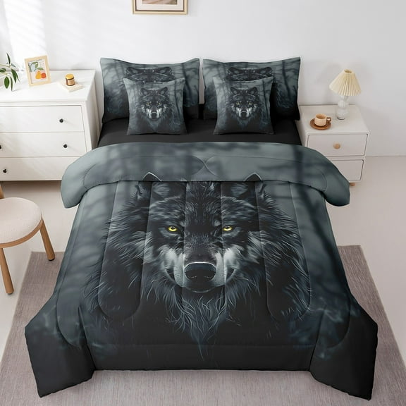 Manfei Wolves Bed in a Bag Twin Size,Wild Animal Bed Set,Jungle Wildlife Bedding Twin Size,Breathable Room Decor Reversible,7 Pieces