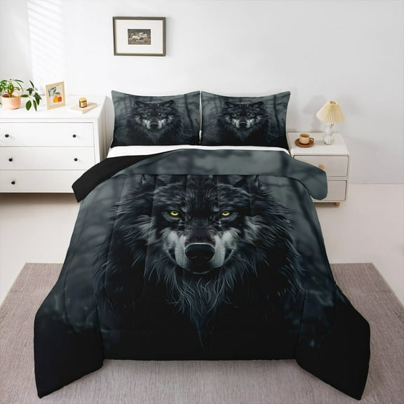 Manfei Wolves Bedding Queen Comforter Set,Wild Animal Down Comforter,Jungle Wildlife Bedding Sets Queen with Comforter,Breathable Room Decor Reversible,3 Pieces