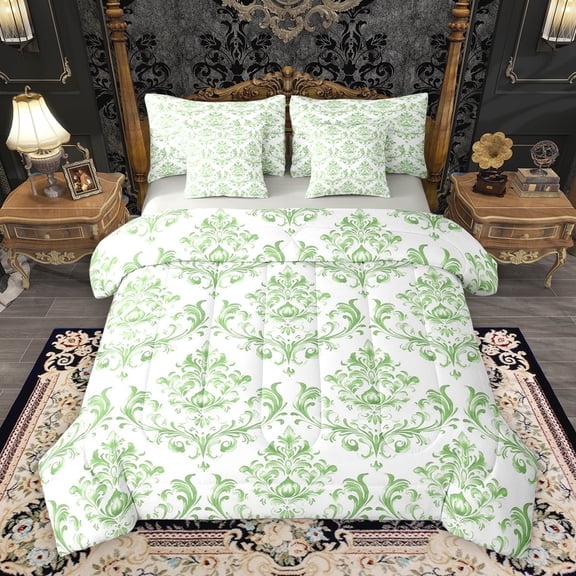 Homewish Women Fashion Damask Bedding Comforter Set 7pcs, Western Bohemian Style King Bedding Sets, Green Mandala Floral Reversible Bed Sheets, Breathable Home Decor