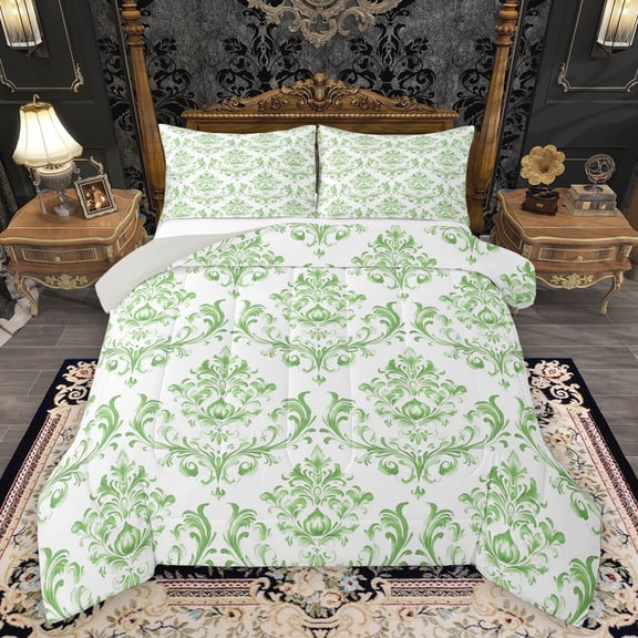 Homewish Women Fashion Damask Queen Comforter Set, Western Bohemian Style Bedding Sets, Green Mandala Floral Reversible Bedding Comforter Set, Breathable Home Decor, 3pcs