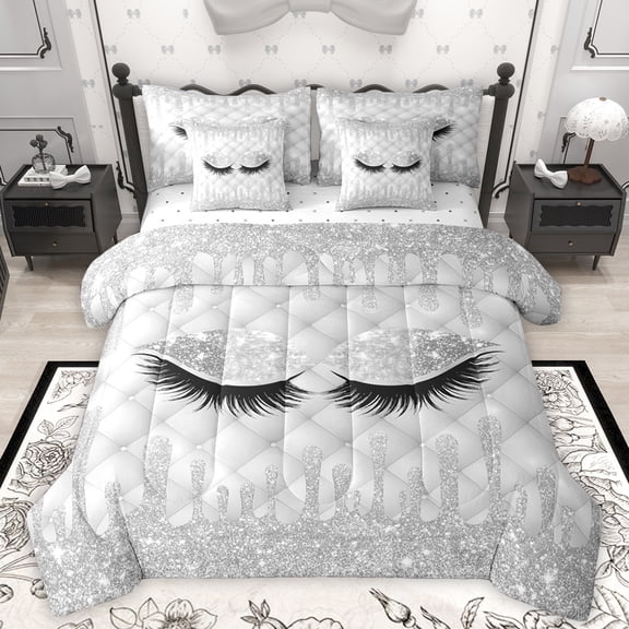 Manfei Women Glamorous Eyelashes Bedding Comforter Set 7pcs, Grey Bling Stars King Bedding Sets, Fashion Buffalo Plaid Bed Sheets, Microfiber Bedroom Decor