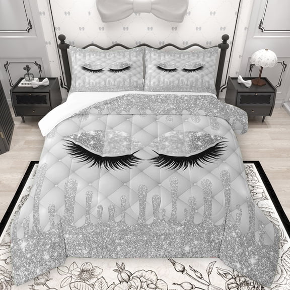 Manfei Women Glamorous Eyelashes Queen Comforter Set, Grey Bling Stars Bedding Sets, Fashion Buffalo Plaid Bedding Comforter Set, Microfiber Bedroom Decor, 3 Pieces