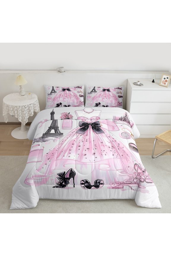 Women High Heels Bedding Comforter Set,Fashion Girls Dress Twin Comforter Sets,Black Pink Bowtie Bow Knot Bedding Set For Kids,Breathable Home Decor Reversible,2 Pieces