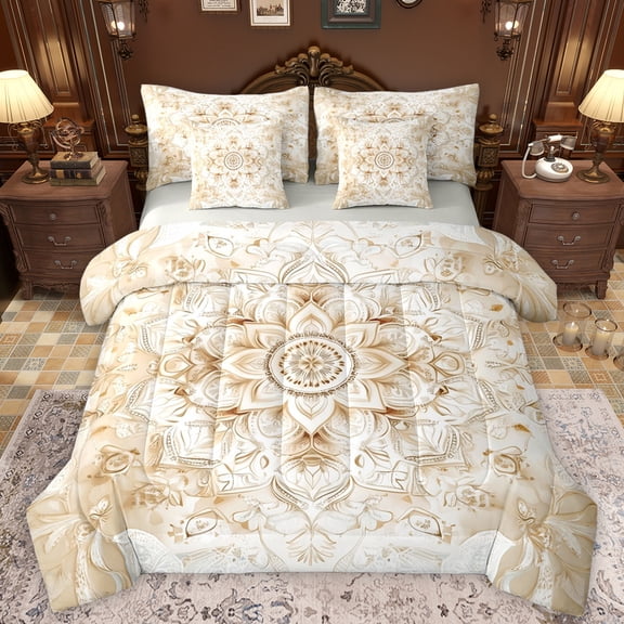 Manfei Women Retro Damask Bedding Comforter Set 7pcs, Gold Bohemian Paisley King Bedding Sets, Mystic Western Flower Floral Reversible Bed Sheets, Super Cozy Room Decor