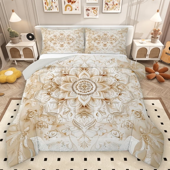 Manfei Women Retro Damask Bedding Comforter Set, Gold Bohemian Paisley Twin Comforter Sets, Mystic Western Flower Floral Reversible Bedding Set, Super Cozy Room Decor, 2-Piece