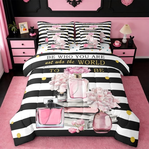 Manfei Women'S Perfume Bedding Comforter Set 7 Pieces,Pink Flower Floral Full Bedding Set,White Black Lines Fitted Sheet Flat Sheet For Girls,Luxury Bedroom Decor,Reversible