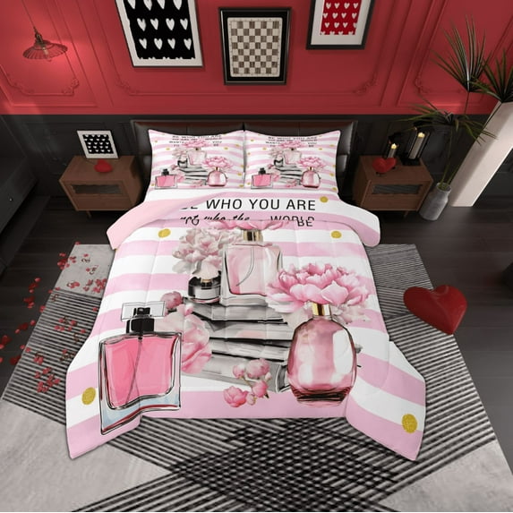 Manfei Women'S Perfume Queen Comforter Set,Pink Romantic Flower Bedding Sets,Aesthetic Geometric Lines Bedding Comforter Set For Girls,Luxury Bedroom Decor Reversible,3-Piece