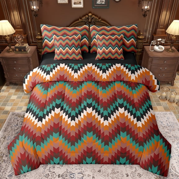 Manfei Women Tribal Boho Bedding Comforter Set 7pcs, Mandala Hippie Aztec King Bedding Sets, Orange Teal Square Abstract Reversible Bed Sheets, Ultra Soft Bedroom Decor