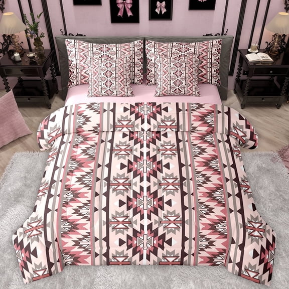 Manfei Women Tribal Boho Bedding Comforter Set 7pcs, Pastel Mandala Aztec Queen Bedding Sets, Pink Hippie Square Abstract Reversible Queen Sheet Sets, Breathable Home Decor