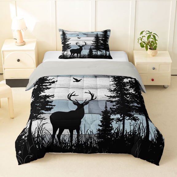 Manfei Wooded Buck Twin Comforter Sets,Rustic Farmhouse Cabin Bedding Set,Blue,Light Gray Reversible,2pcs,1 Comforter and 1 Pillowcase