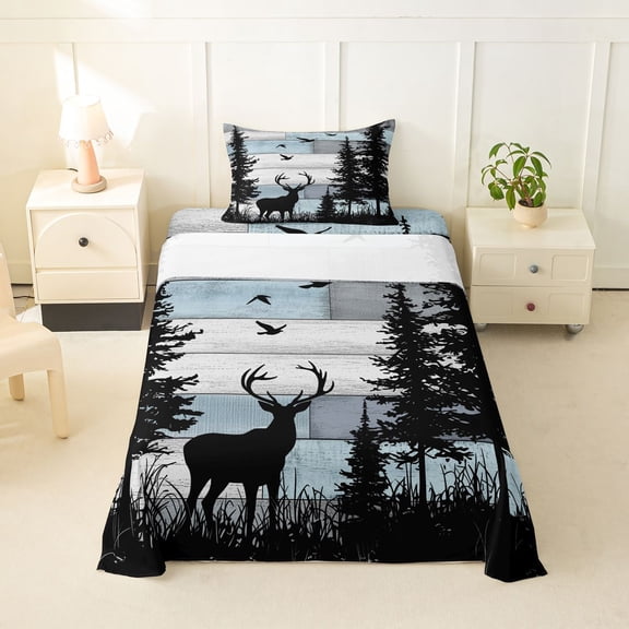 Manfei Wooded Buck Twin Sheets,Rustic Farmhouse Cabin Bedding,Blue,3pcs,1 Fitted Sheet and 1 Pillowcase