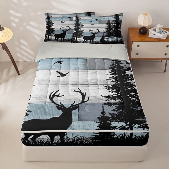 Manfei Wooded Buck Zipper Twin Comforter Sets with Fitted Sheet and 2 Pillowcases,Rustic Farmhouse Cabin Zipper Bedding Set,Blue,Light Gray Reversible,4pcs