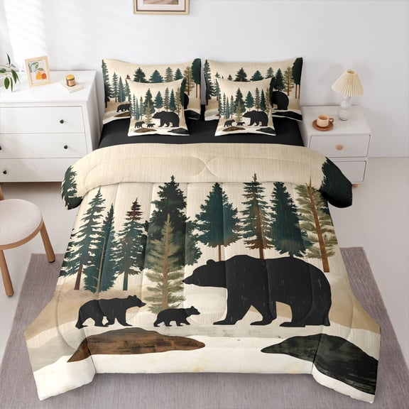 Manfei Wooded Pine Grove 7pcs Queen Bedding,Vintage Family Bear Bedding Comforter Set Queen,Green,Black Reversible