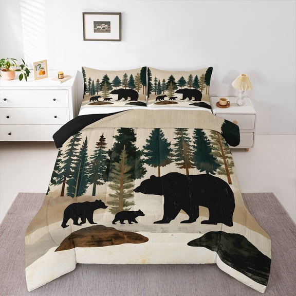 Manfei Wooded Pine Grove Queen Comforter Set,Vintage Family Bear Comforter Sets Queen,Green,Black Reversible,3pcs,1 Comforter and 2 Pillowcases