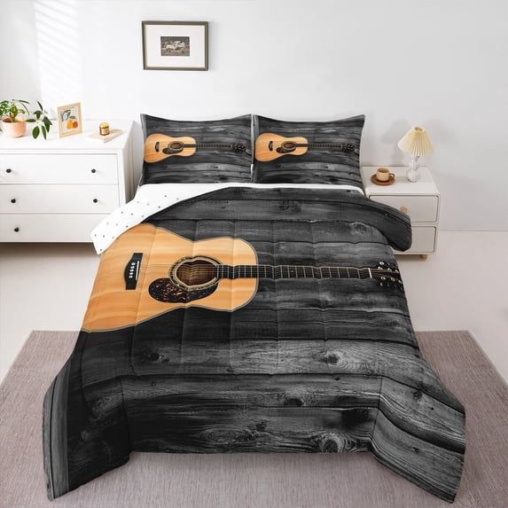 Manfei Wooden Guitar Comforter Sets Queen Size, Old Barn Door Comforters & Duvets, Western Rustic Music Reversible Bedding Queen Comforter Set, Super Cozy Room Decoration, 3pcs