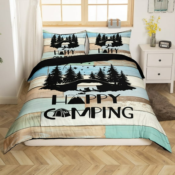 Manfei Woodland Animal Bear 2-Piece Comforter Cover Toddler Size for Kids Teens Female Men,Happy Camping Bedding Sets Toddler Size,Vintage Rustic Cabin Ultra Soft Bed Set(No Comforter)