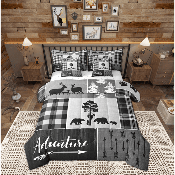 Manfei Woodland Animal Bear 7-Piece Bedding Comforter Set,Adventure Theme King Bedding Sets,Brown White Plaid Bed Sheets For Teens,Super Cozy Room Decor