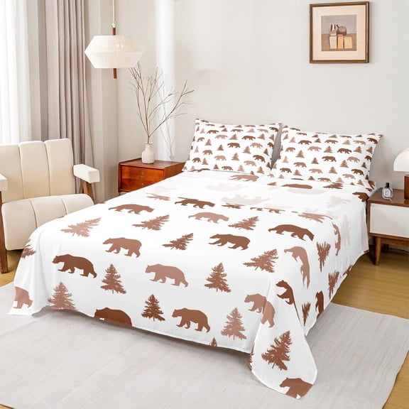 Manfei Woodland Animal Bear Bed Sheets,Rustic Hunting King Sheets,White Brown Sheet Set For Teens,Luxury Bedroom Decor,4pcs