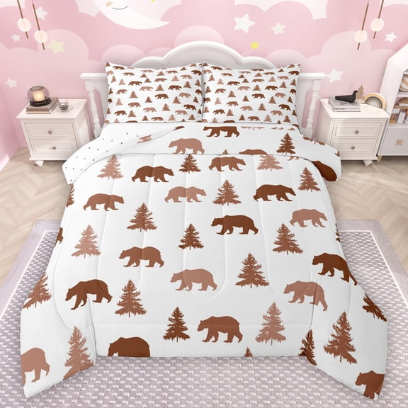 Manfei Woodland Animal Bear Bedding Comforter Set,Rustic Hunting Twin Comforter Sets,White Brown Bedding Set For Teens,Luxury Bedroom Decor Reversible,2pcs