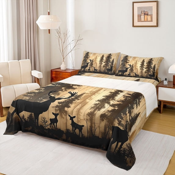 Manfei Woodland Animal Bear Twin Sheet Sets,Rustic Hunting Twin Fitted Sheet,Rustic Pink Tree Flat Sheet For Teens,Luxury Bedroom Decor,3pcs