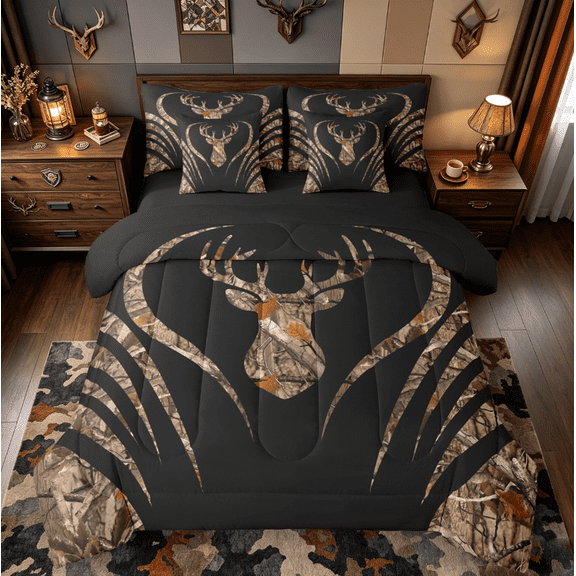 Manfei Woodland Animal Moose 7-Piece Twin Bedding Sets,Jungle Deer Silhouette Bedding Comforter Set,Retro Brown Camo Sheet Sets For Boys Teens,Ultra Soft Home Decor Reversible