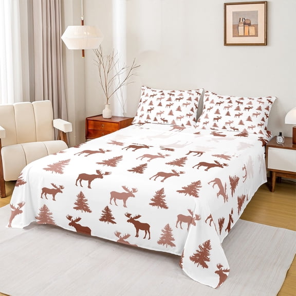 Manfei Woodland Animal Moose Bed Sheets,Rustic Hunting King Sheets,Jungle Deer Elk Sheet Set For Teens,Luxury Bedroom Decor,4pcs