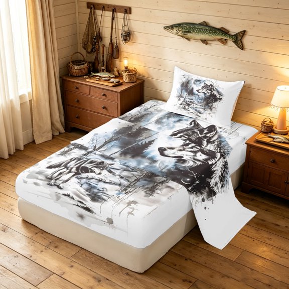 Manfei Woodland Animal Twin Sheets, Farmhouse Wolf Bedding, White Gray, 3 Pieces, 1 Flat Sheet, 1 Fitted Sheet and 1 Pillowcase