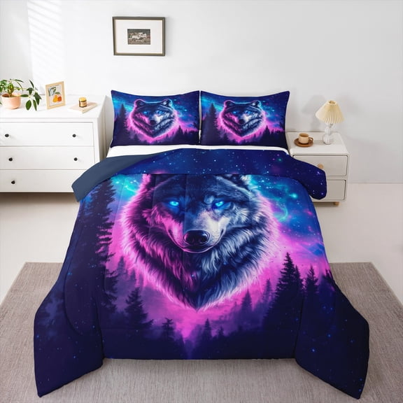 Manfei Woodland Animal Wolf Bedding Comforter Set,Purple Cyan Aurora Twin Comforter Sets,Galaxy Starry Sky Bedding Set For Kids,Ultra Soft Home Decor Reversible,2-Piece