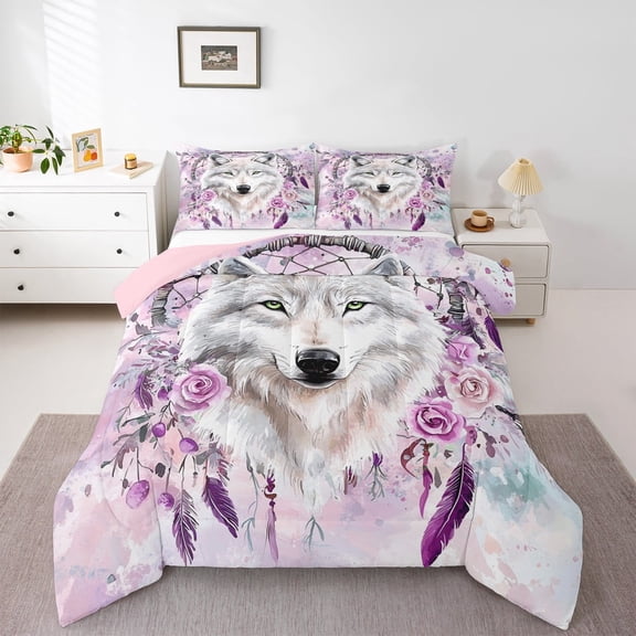 Manfei Woodland Animal Wolf Bedding Comforter Set,Retro Flower Dreamcatcher Twin Comforter Sets,White Pink Purple Bedding Set For Kids,Luxury Bedroom Decor Reversible,2pcs