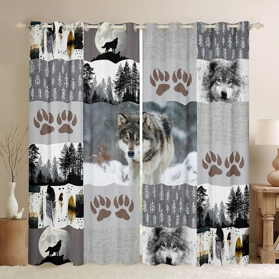 Manfei Woodland Animal Wolves Curtains Pack of 2 (42x84 Each),Howling Wolf Curtains Blackout,Patchwork Geometric Plaid Bedroom Curtains For Boys Teens,Luxury Bedroom Decor