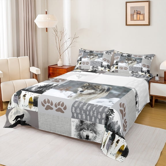 Manfei Woodland Animal Wolves Full Size Sheets,Howling Wolf Bed Sheets,Patchwork Geometric Plaid Sheet Sets For Boys Teens,Luxury Bedroom Decor,4-Piece