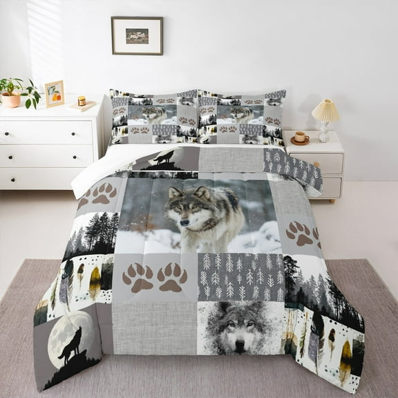 Manfei Woodland Animal Wolves King Size Comforter Sets,Howling Wolf Bedding Comforter Set,Patchwork Geometric Plaid Bedding Set For Boys Teens,Luxury Bedroom Decor,3pcs