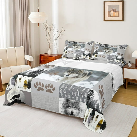 Manfei Woodland Animal Wolves Queen Sheet Sets,Howling Wolf Flat Sheet,Patchwork Geometric Plaid Queen Fitted Sheet For Boys Teens,Luxury Bedroom Decor,4 Pieces