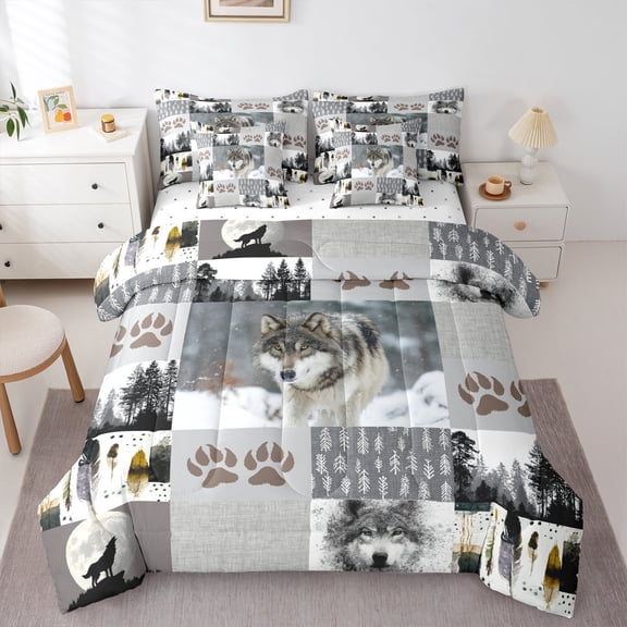 Manfei Woodland Animal Wolves Twin Bedding Sets 7-Piece,Howling Wolf Bedding Comforter Set,Patchwork Geometric Plaid Sheet Sets For Boys Teens,Luxury Bedroom Decor