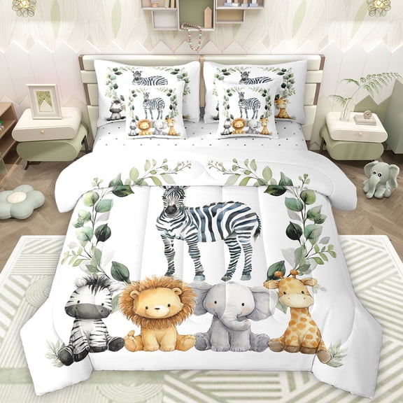 Manfei Woodland Animal Zebra 7 Pieces Bedding Comforter Set,Zoo Anmal Elephant Full Bedding Set,Lions Giraffe Zebra Fitted Sheet Flat Sheet For Child,Microfiber Bedroom Decor Reversible