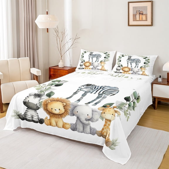 Manfei 4-Piece Queen Sheet Set with Woodland Animal Zebra and Zoo Elephant Lion Giraffe