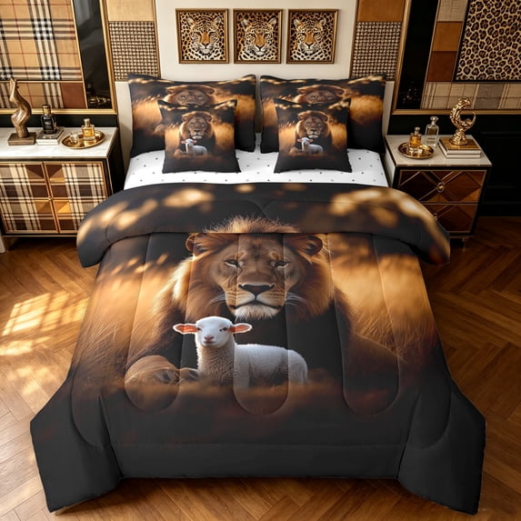 Manfei Woodland Animals King Bedding, Rustic Lion Sheep King Bed in a Bag, Dark Brown, Reversible, 7-Piece