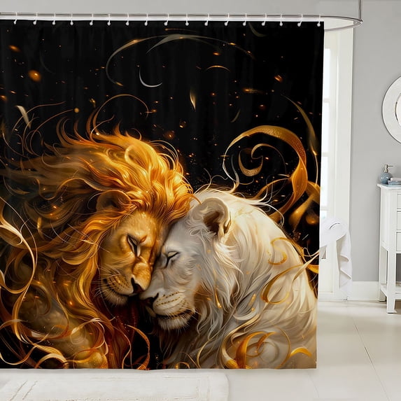 Manfei Woodland Animals Shower Curtain 72Wx72L, Romantic Couple Lion Bathroom Curtain, Black Brown