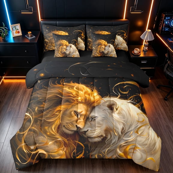Manfei Woodland Animals Twin Bedding, Romantic Couple Lion Bedding Comforter Set, Black Brown, Black Reversible, 7 Pieces