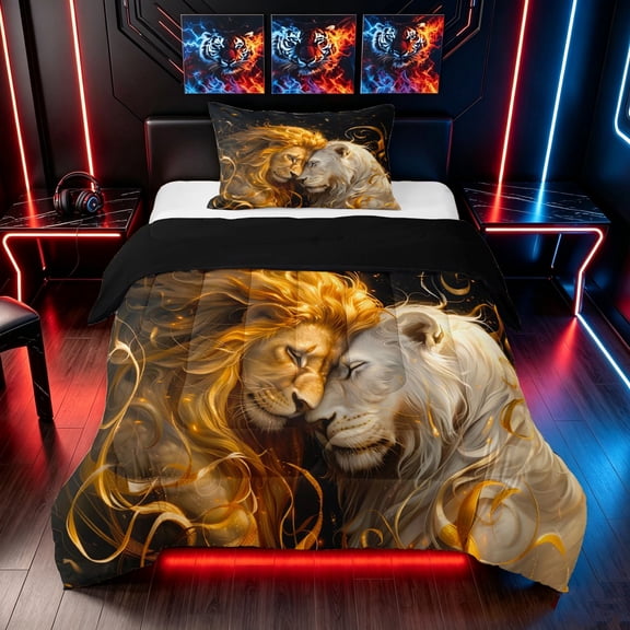 Manfei Woodland Animals Twin Comforter Sets, Romantic Couple Lion Bedding Set, Black Brown, Black Reversible, 2 Pieces, 1 Comforter and 1 Pillowcase