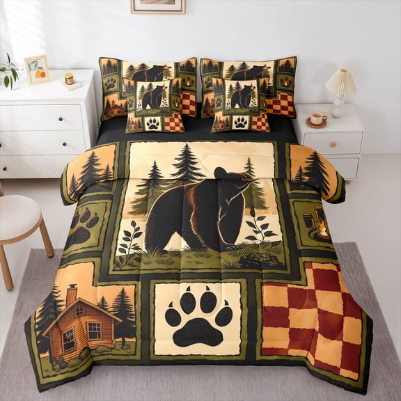 Manfei Woodland Bear 7 Pieces Full Size Bedding Sets,Geometric Plaid Art Full Size Bed in a Bag,Brown,Black Reversible