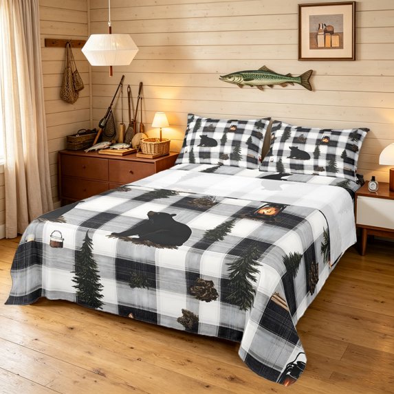 Manfei Woodland Bear Bed Sheets, Cottage Adventure Full Size Sheets, White Black, 4-Piece, 1 Flat Sheet, 1 Fitted Sheet and 2 Pillowcases