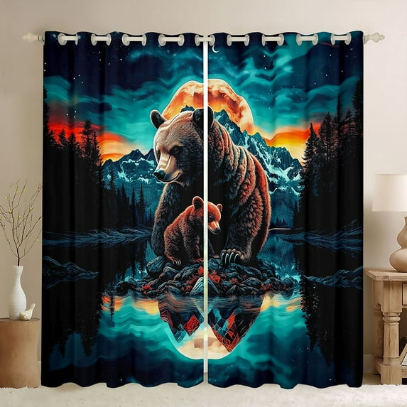 Homewish Woodland Bear Family Black Out Curtains, Nature Scenery Curtains Pack of 2 (42x63 Each), Vintage Rustic Lake House Bedroom Curtains, Black Out Curtains Decor